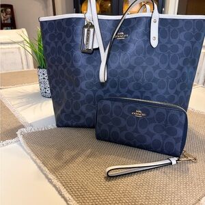 Coach Dark Blue and Cream Signature Tote with Wallet
